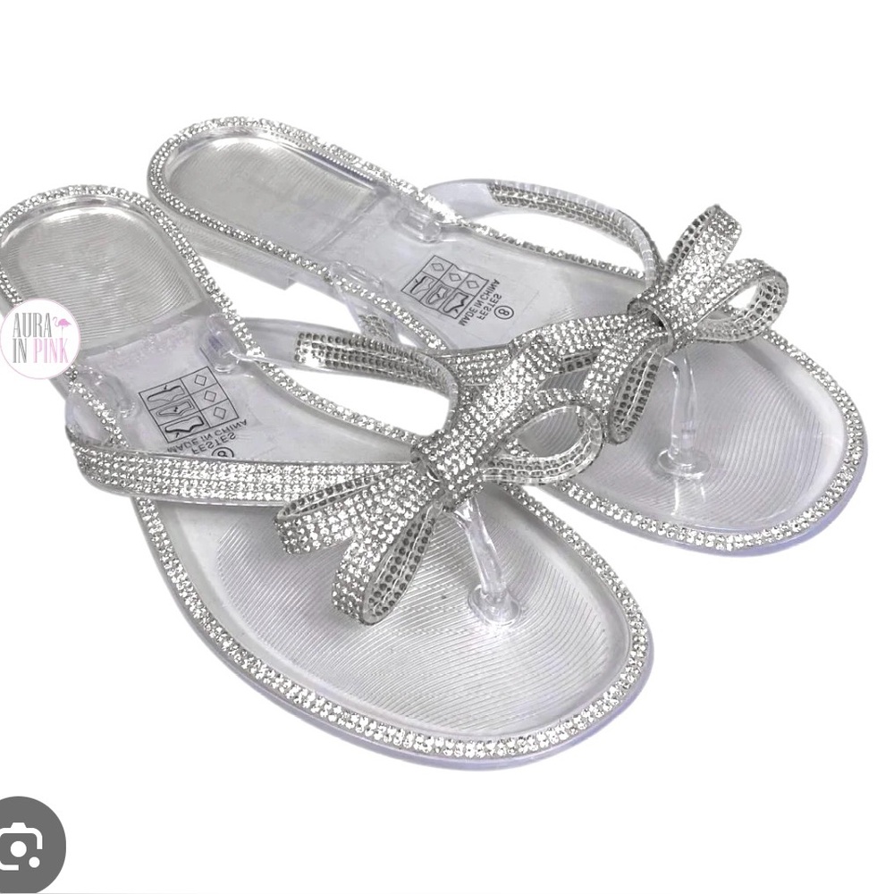 Nicole Miller Silver Rhinestone Bow Jelly Sandals
